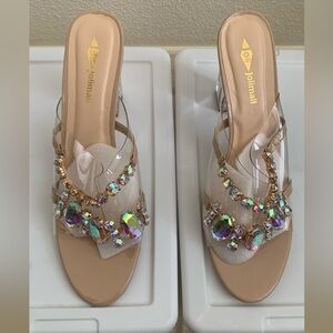 Jolimall Beige and Gold Embellished Women's Heels